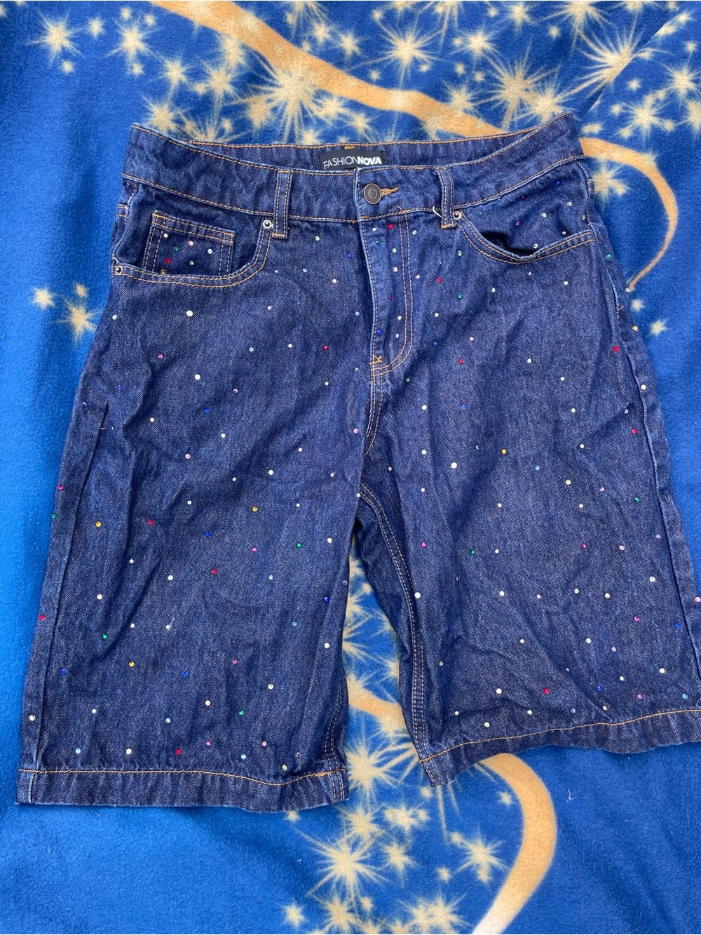 Fashion Nova girls Dark Blue Denim Shorts with Multicolor diamond Stud Accents
